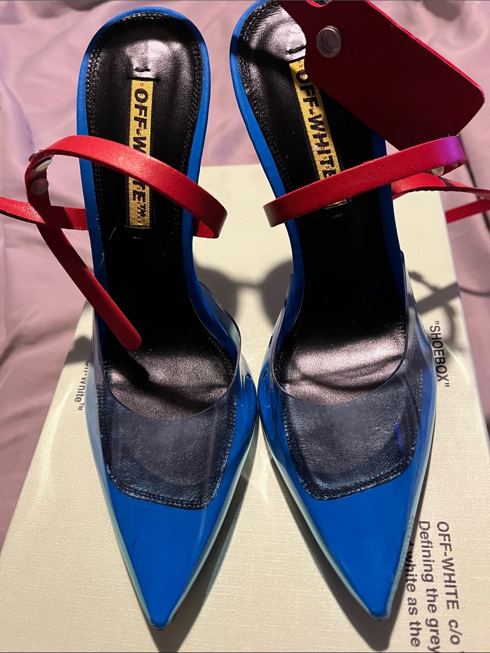 Off-White Blue Patent Pointed-Toe Heels with Red Ankle Straps
